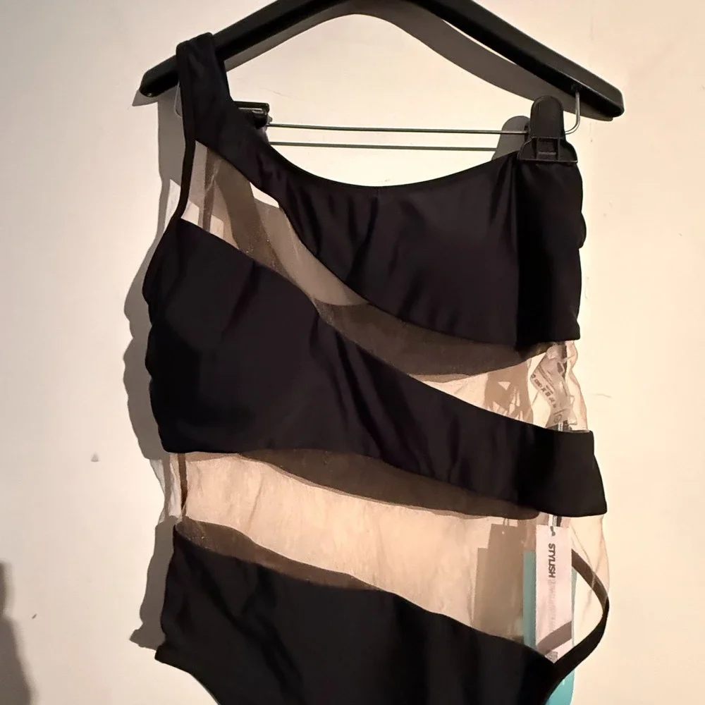 One piece Swim Suit Size Large One Shoulder Mesh Peekaboo Black‎ NWT